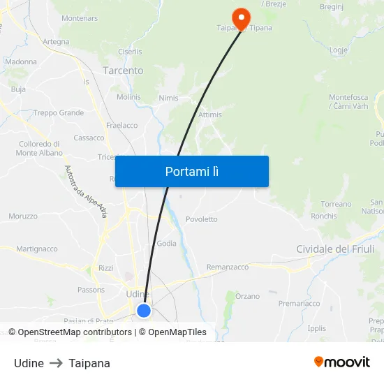 Udine to Taipana map