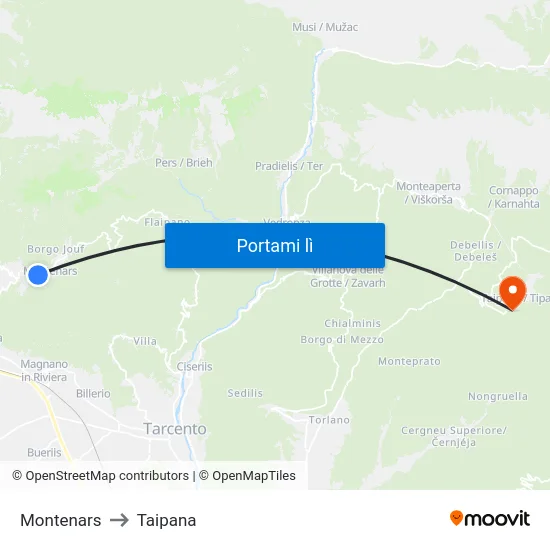 Montenars to Taipana map