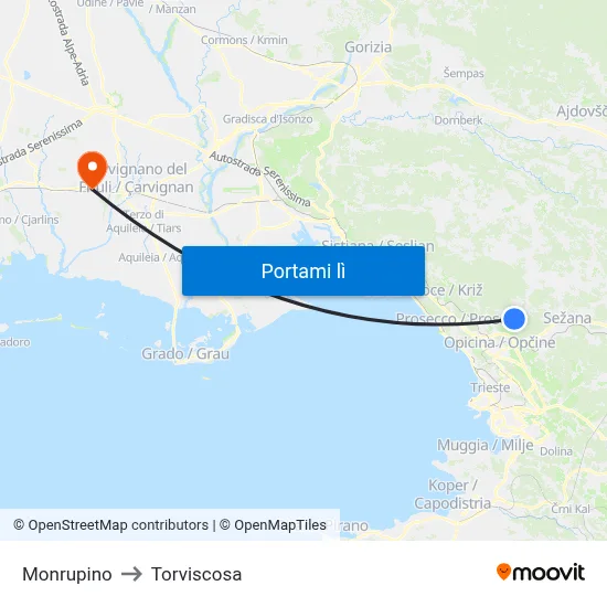 Monrupino to Torviscosa map