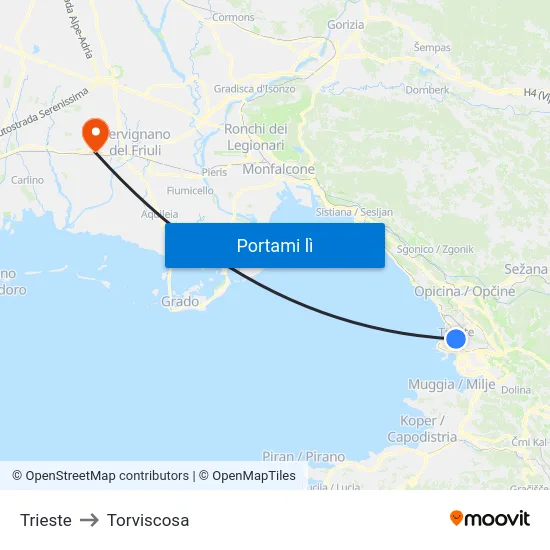 Trieste to Torviscosa map
