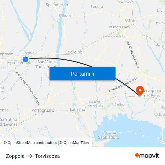Zoppola to Torviscosa map