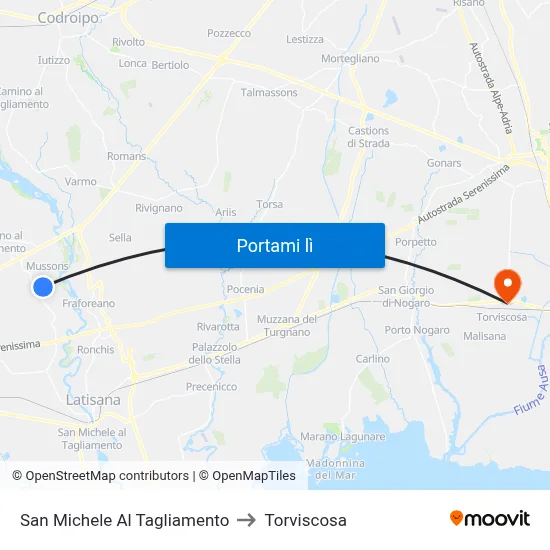San Michele Al Tagliamento to Torviscosa map