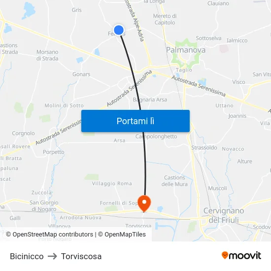 Bicinicco to Torviscosa map