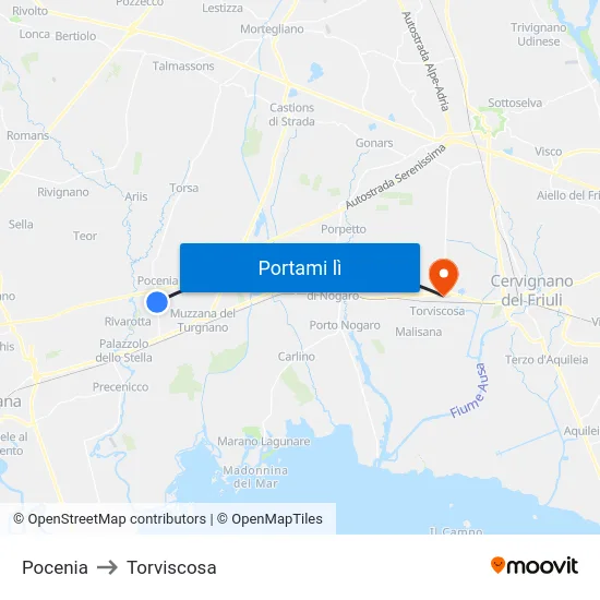 Pocenia to Torviscosa map