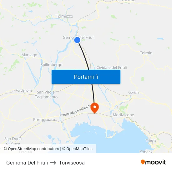 Gemona Del Friuli to Torviscosa map