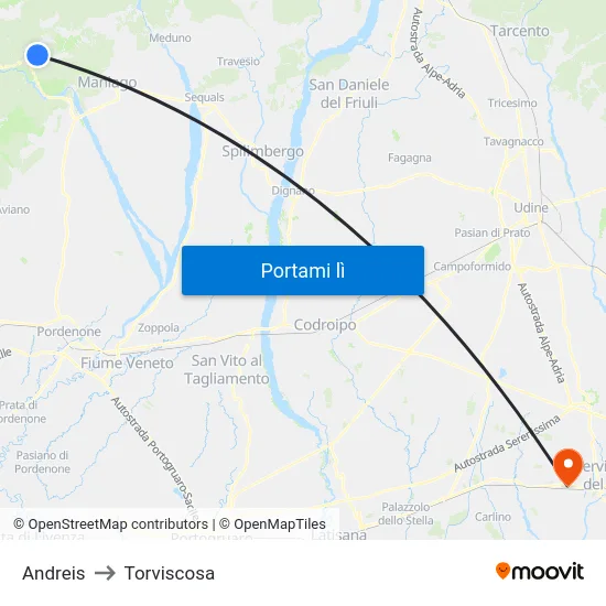 Andreis to Torviscosa map