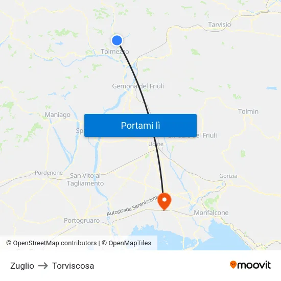Zuglio to Torviscosa map