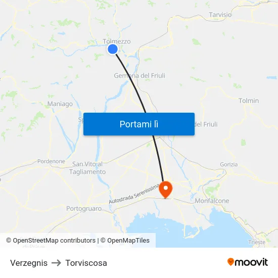 Verzegnis to Torviscosa map