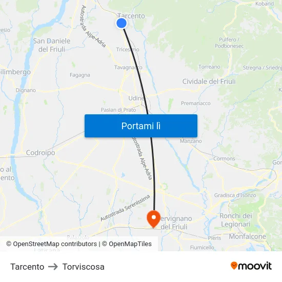 Tarcento to Torviscosa map