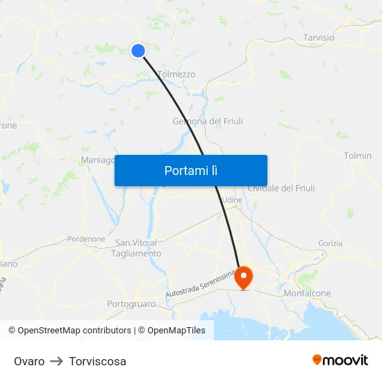 Ovaro to Torviscosa map