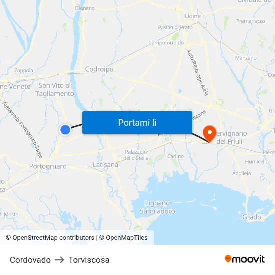 Cordovado to Torviscosa map