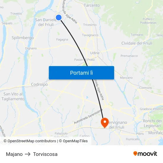 Majano to Torviscosa map