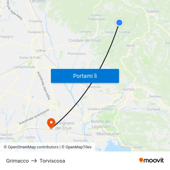Grimacco to Torviscosa map