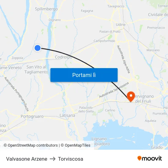 Valvasone Arzene to Torviscosa map