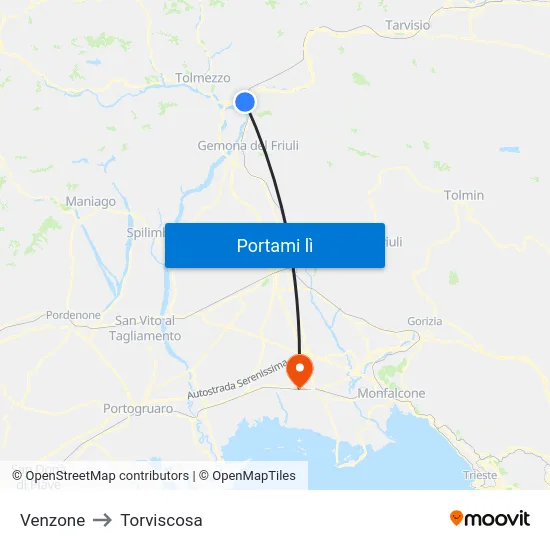 Venzone to Torviscosa map