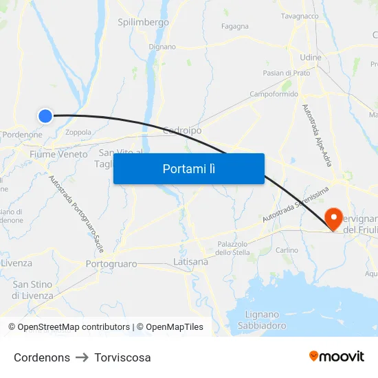 Cordenons to Torviscosa map