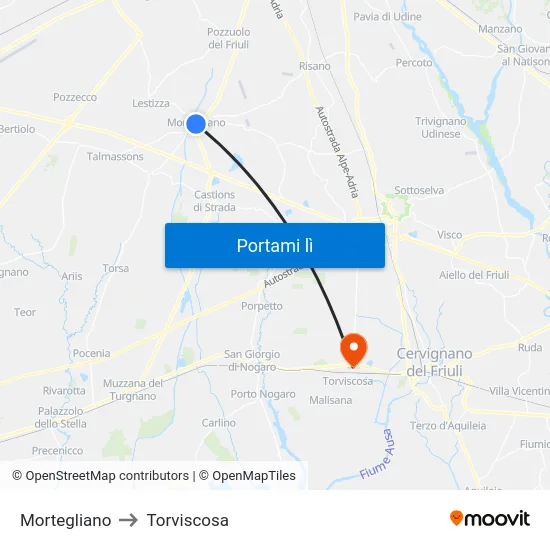 Mortegliano to Torviscosa map