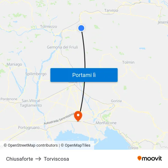 Chiusaforte to Torviscosa map