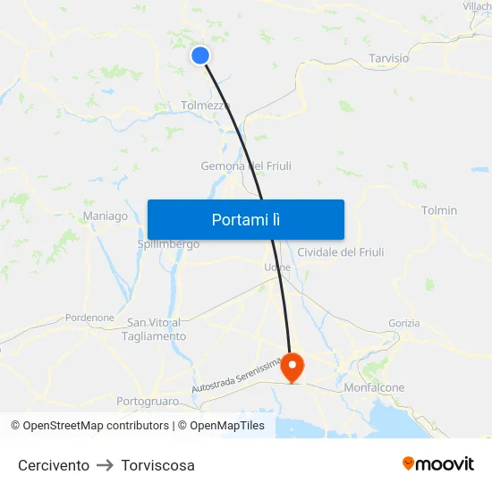 Cercivento to Torviscosa map