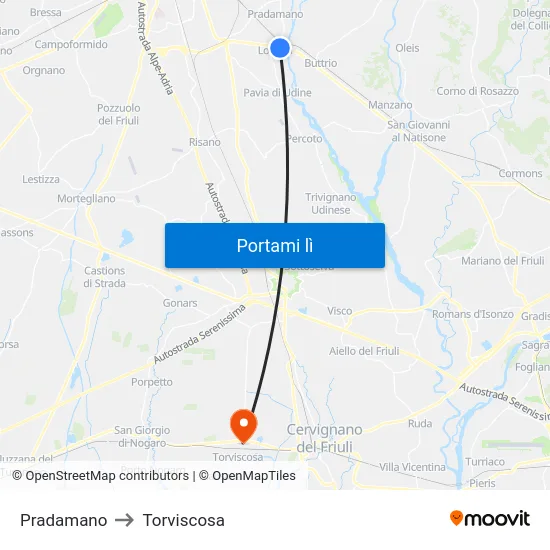 Pradamano to Torviscosa map