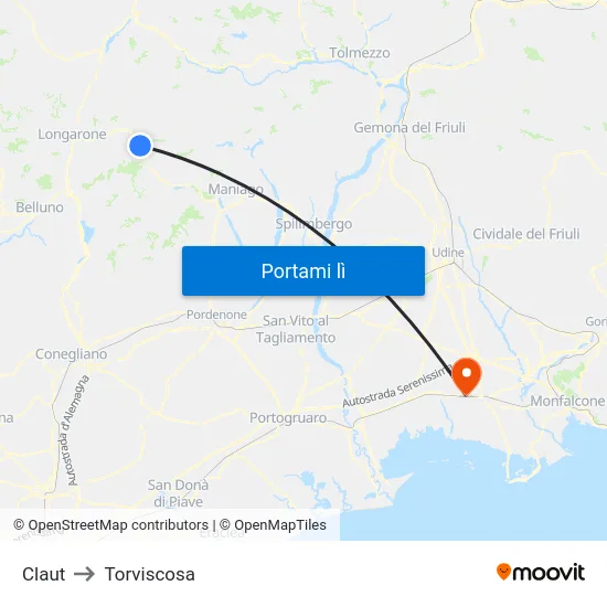Claut to Torviscosa map