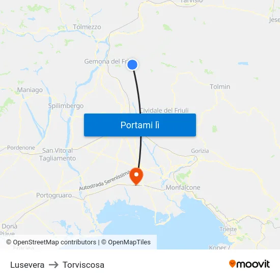 Lusevera to Torviscosa map
