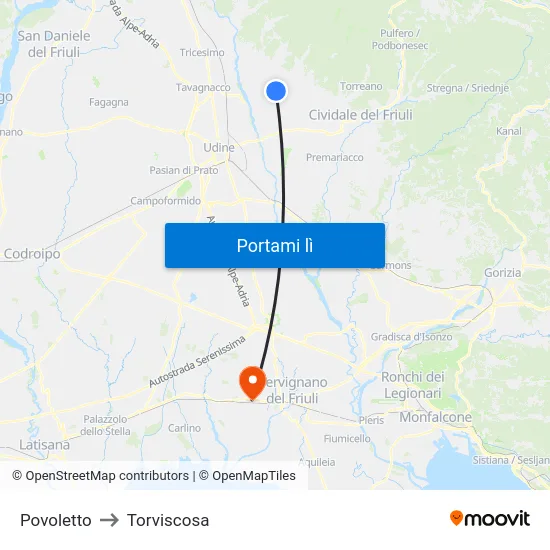 Povoletto to Torviscosa map