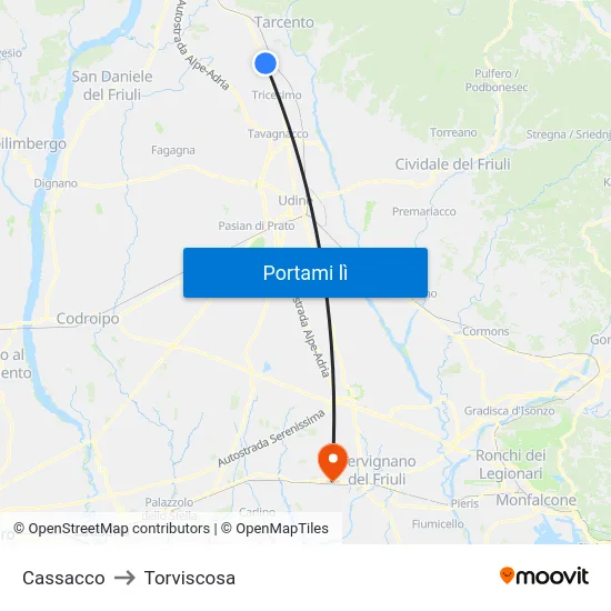 Cassacco to Torviscosa map