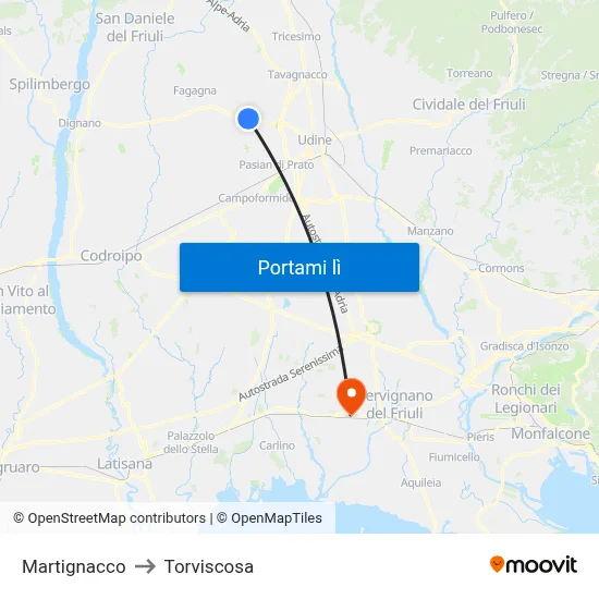 Martignacco to Torviscosa map