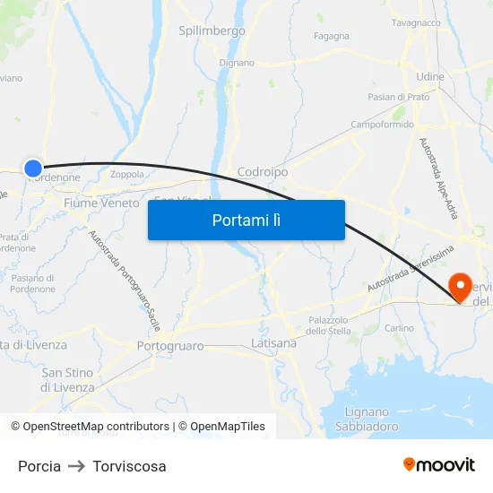 Porcia to Torviscosa map