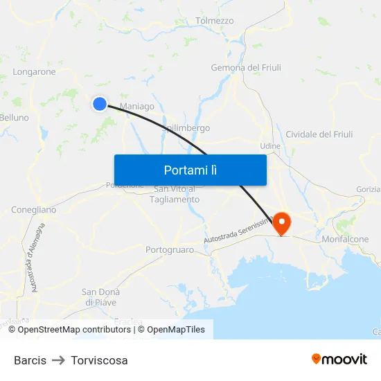 Barcis to Torviscosa map