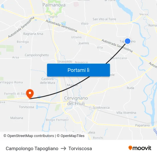 Campolongo Tapogliano to Torviscosa map