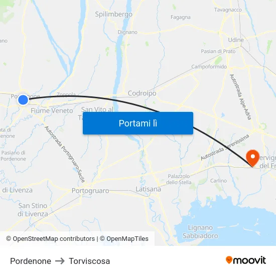 Pordenone to Torviscosa map