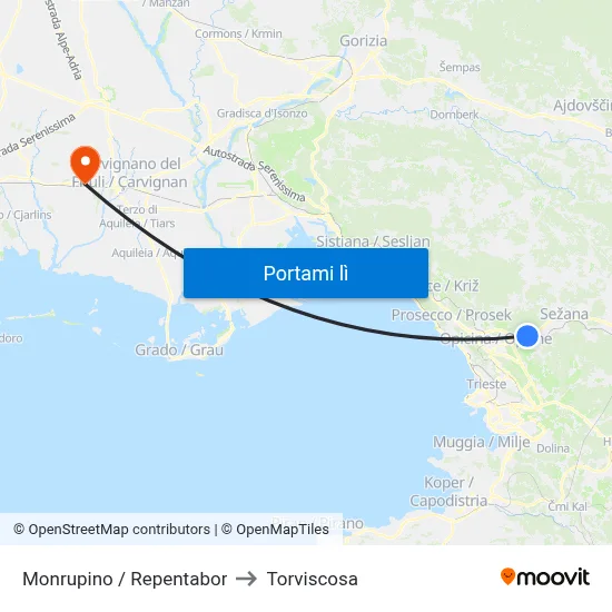 Monrupino / Repentabor to Torviscosa map