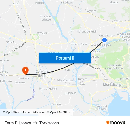Farra D' Isonzo to Torviscosa map