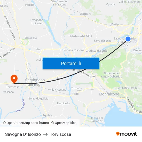 Savogna D' Isonzo to Torviscosa map