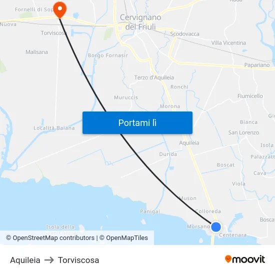 Aquileia to Torviscosa map