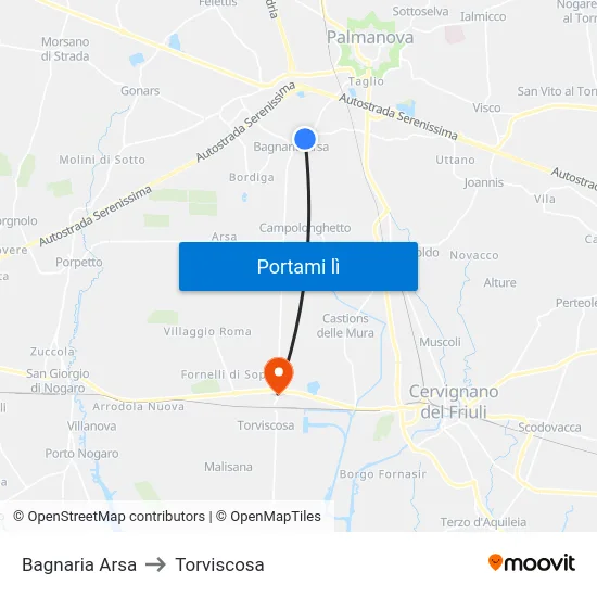 Bagnaria Arsa to Torviscosa map