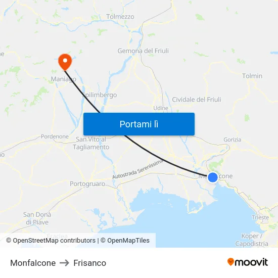Monfalcone to Frisanco map