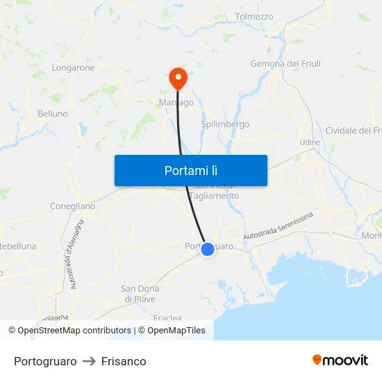 Portogruaro to Frisanco map