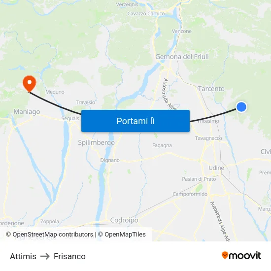 Attimis to Frisanco map
