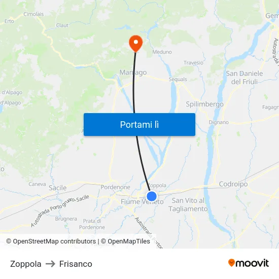 Zoppola to Frisanco map