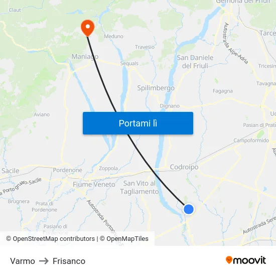 Varmo to Frisanco map