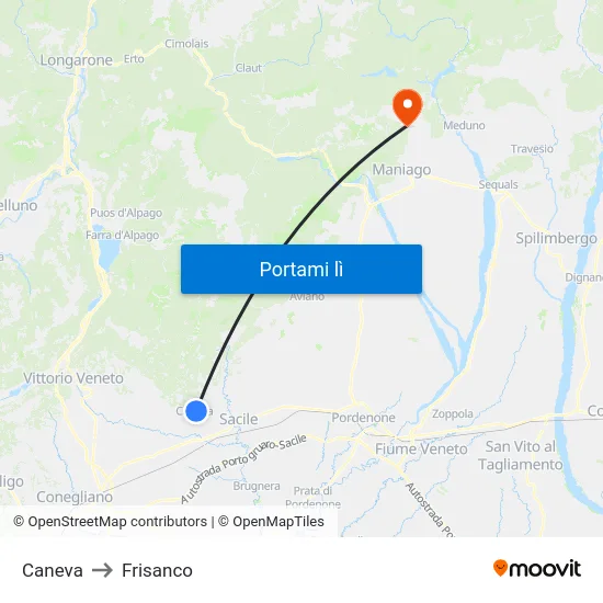 Caneva to Frisanco map