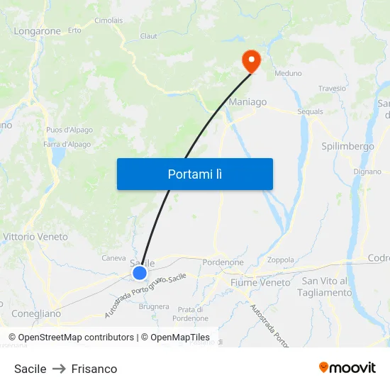Sacile to Frisanco map