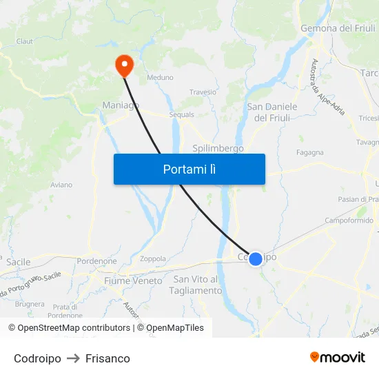 Codroipo to Frisanco map