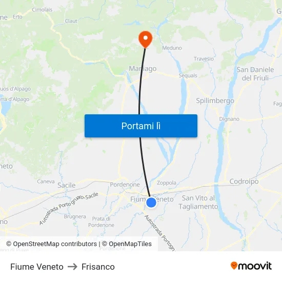 Fiume Veneto to Frisanco map