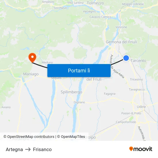 Artegna to Frisanco map