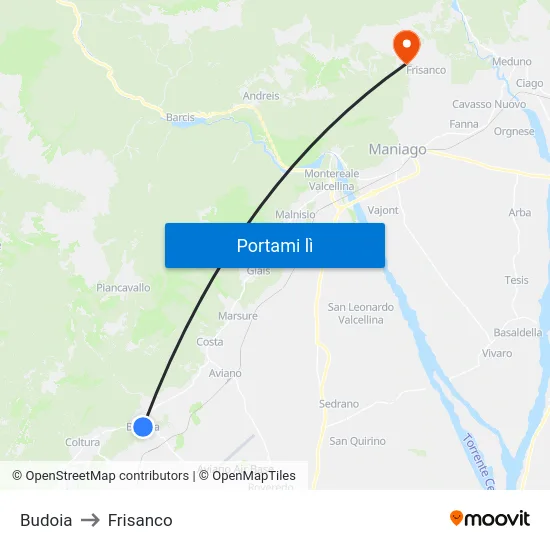 Budoia to Frisanco map