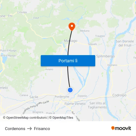 Cordenons to Frisanco map